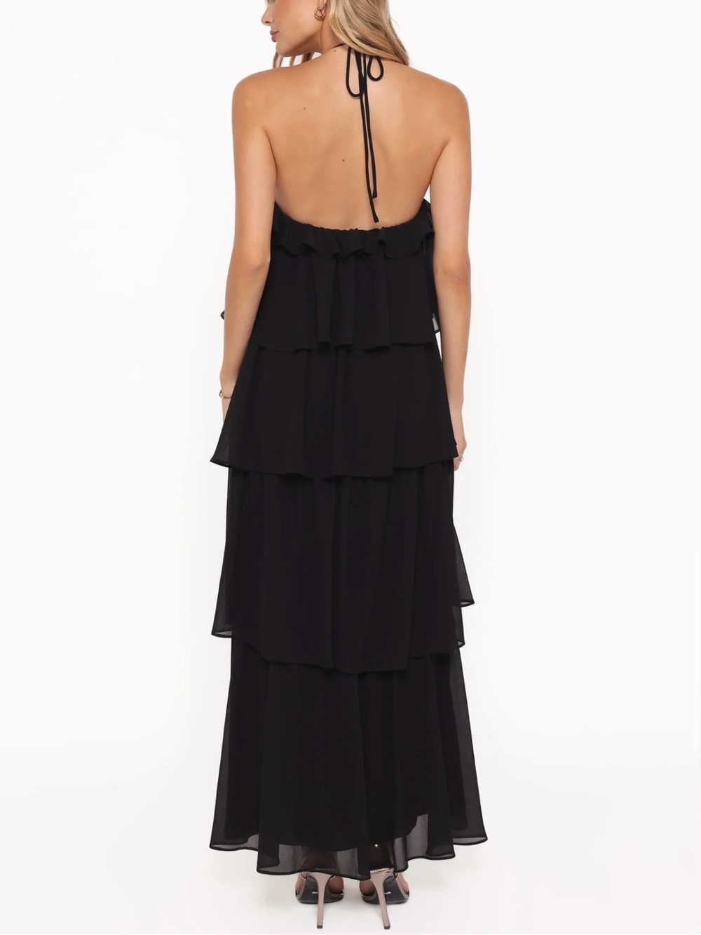 Petal & Pup Chasity Black Halterneck Tiered Ruffle Maxi Dress - Picture 3 of 6